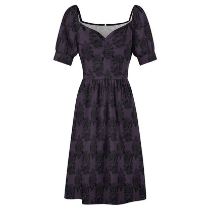 Gothic Rose Midi Dress, Dark Floral Sweetheart Dress, Puff Sleeve Cottagecore Outfit