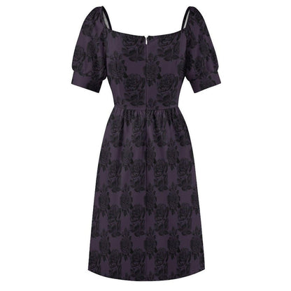 Gothic Rose Midi Dress, Dark Floral Sweetheart Dress, Puff Sleeve Cottagecore Outfit