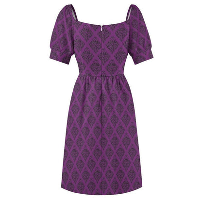 Dark Purple Midi Dress with Black Damask Print