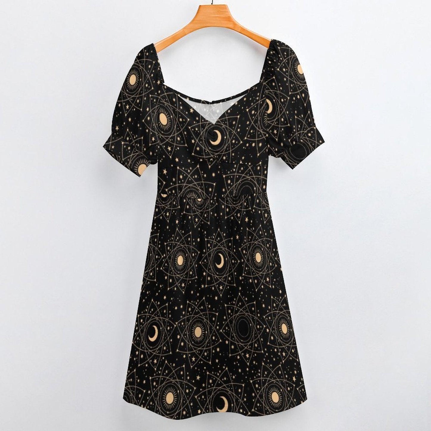Celestial Moon Print Puff Sleeve Black Sundress
