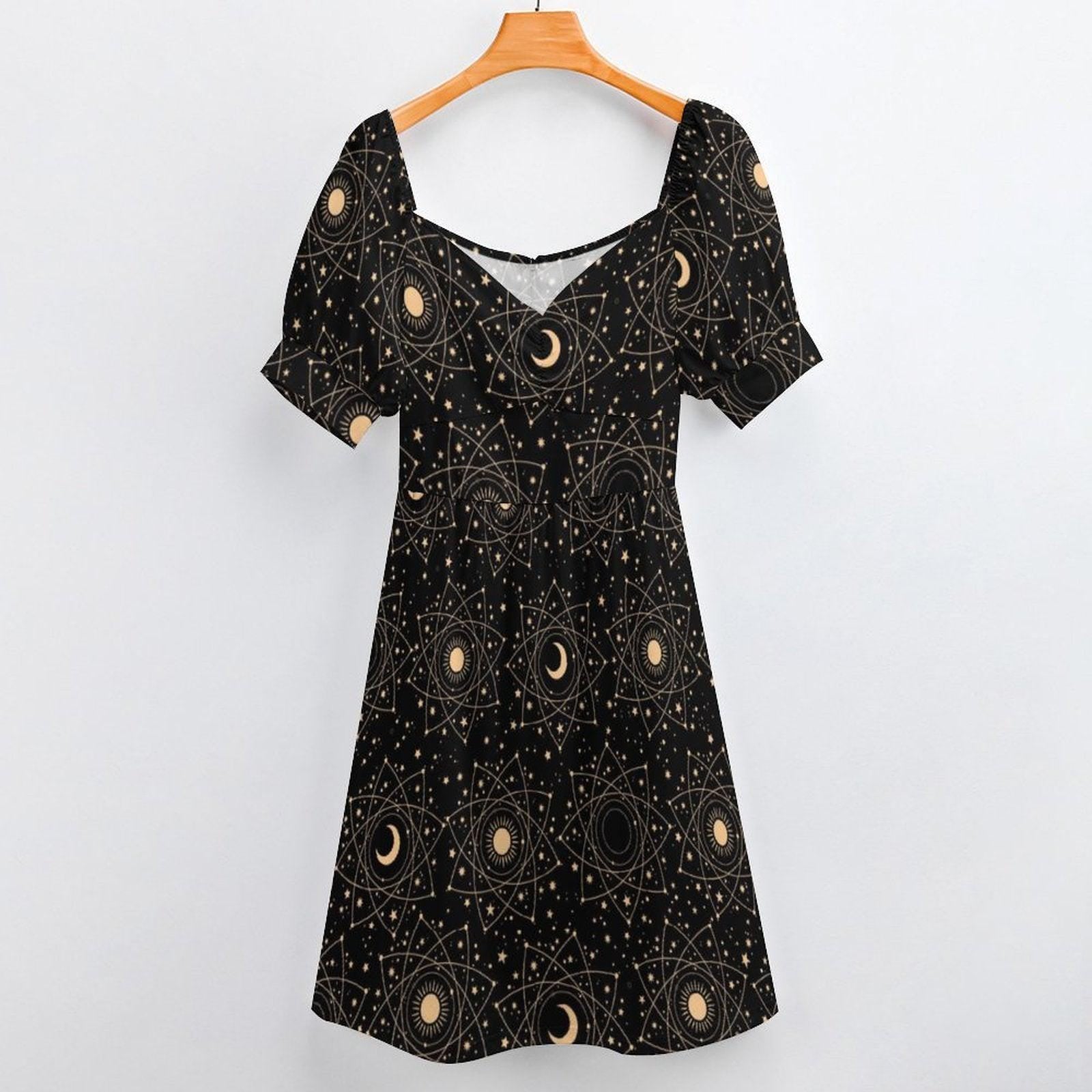 Celestial Moon Print Puff Sleeve Black Sundress