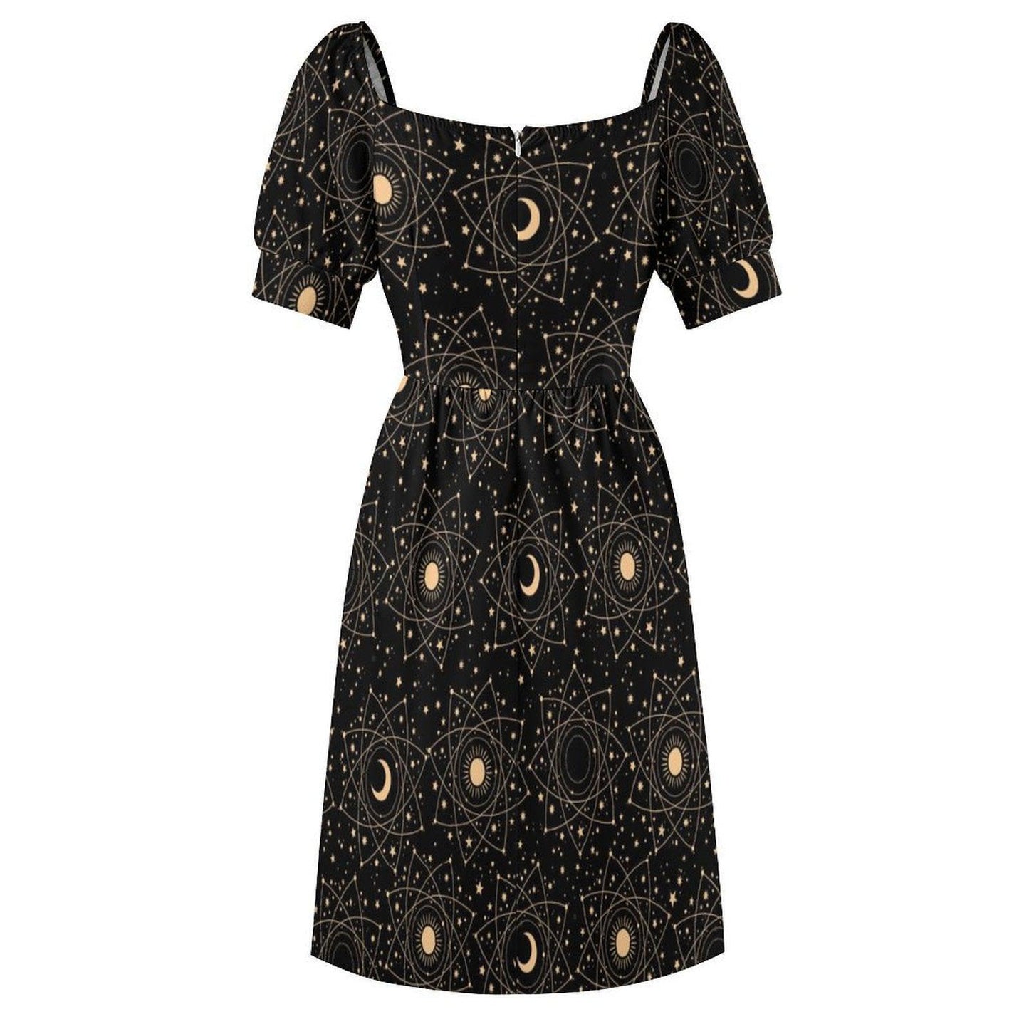 Celestial Moon Print Puff Sleeve Black Sundress