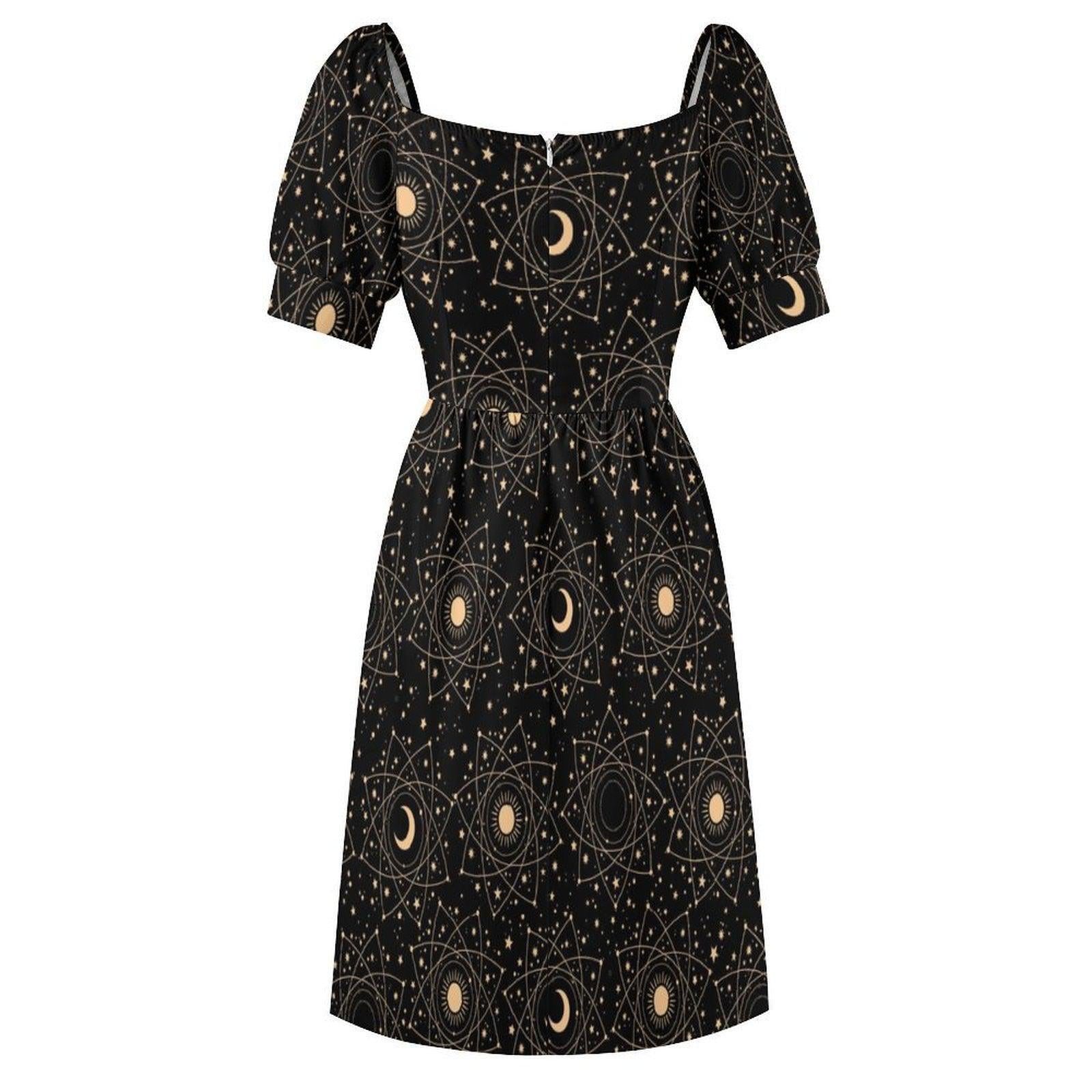 Celestial Moon Print Puff Sleeve Black Sundress