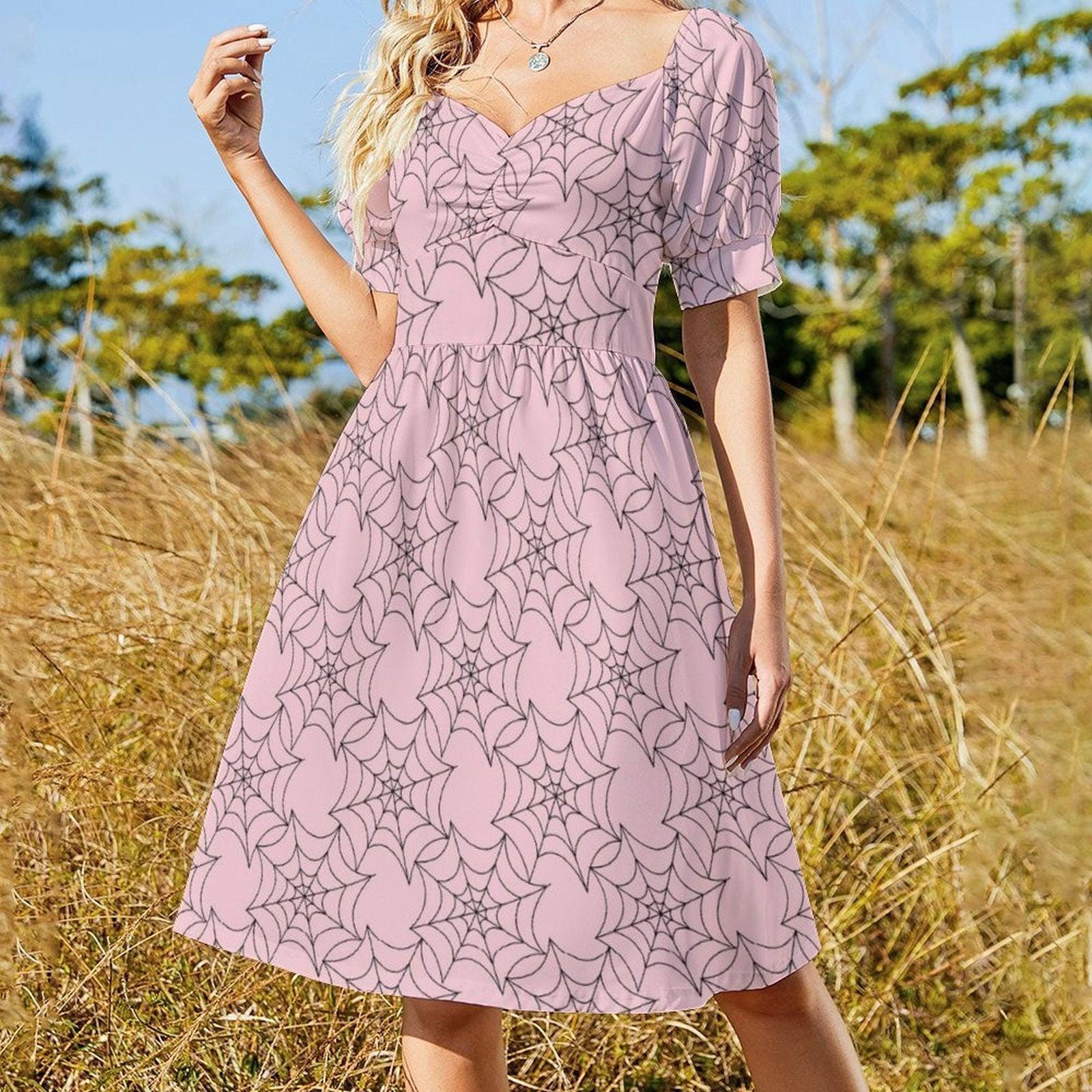 Pink Spiderweb Midi Dress, Pastel Goth Puff Sleeve, Sweetheart Neckline Halloween