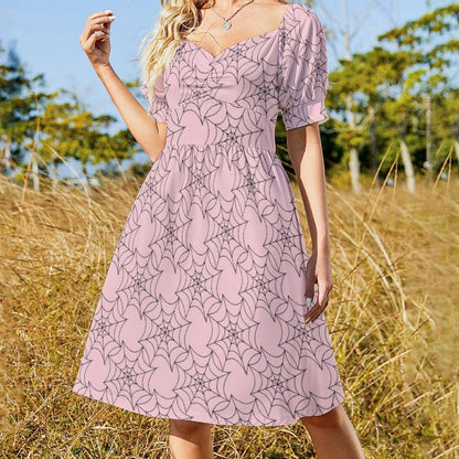 Pink Spiderweb Midi Dress, Pastel Goth Puff Sleeve, Sweetheart Neckline Halloween