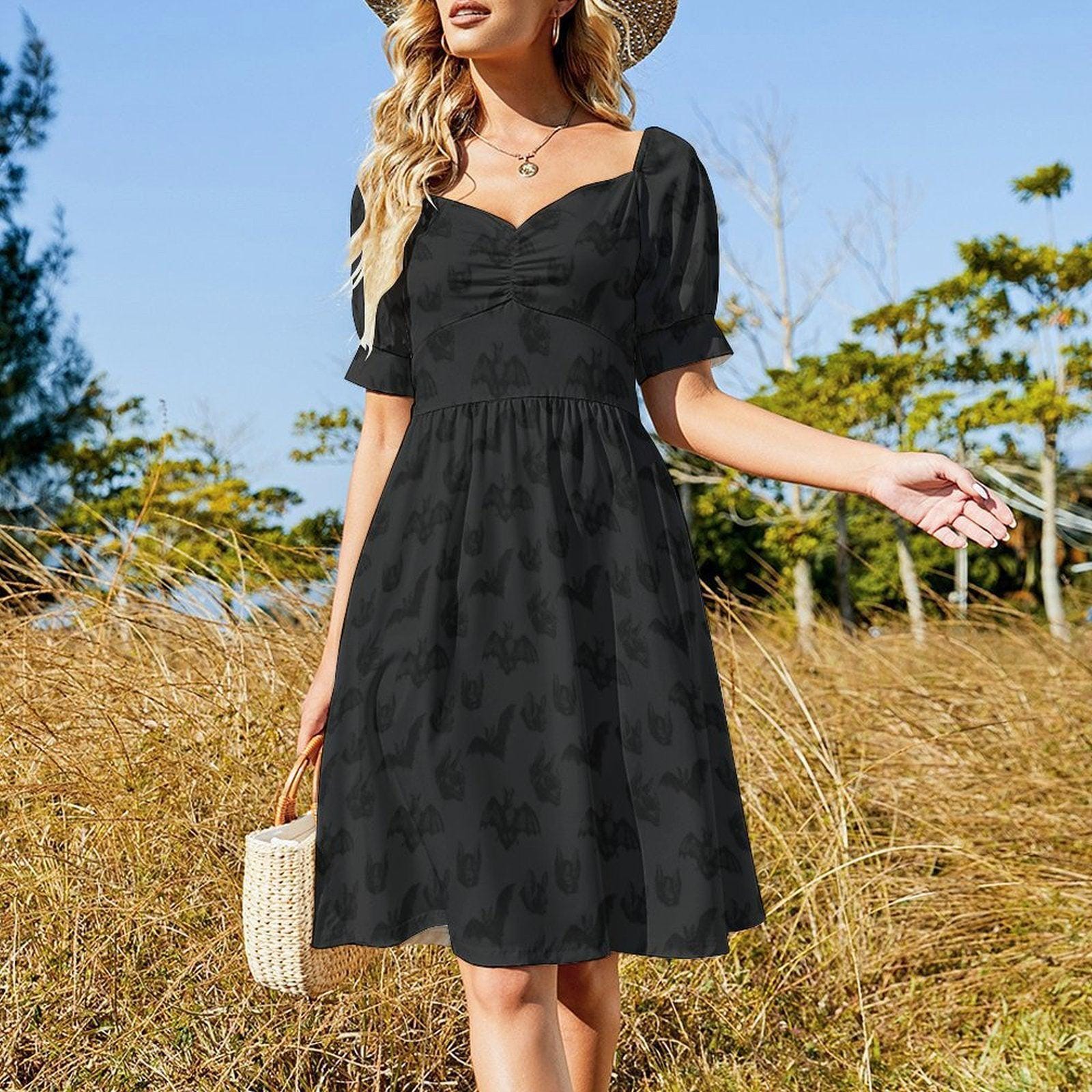 Black Bat Print Dress, Gothic Skater Midi, Halloween Party Outfit, Witchy Cottage Summer Dress