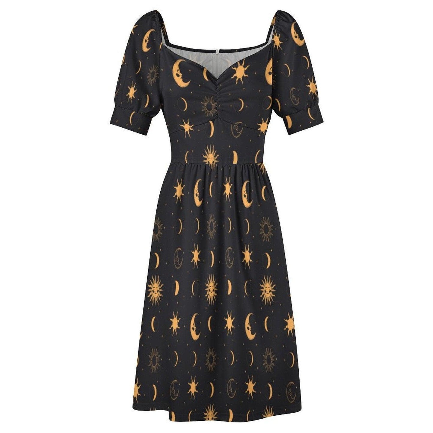 Black Gold Celestial Sun Moon Midi Dress