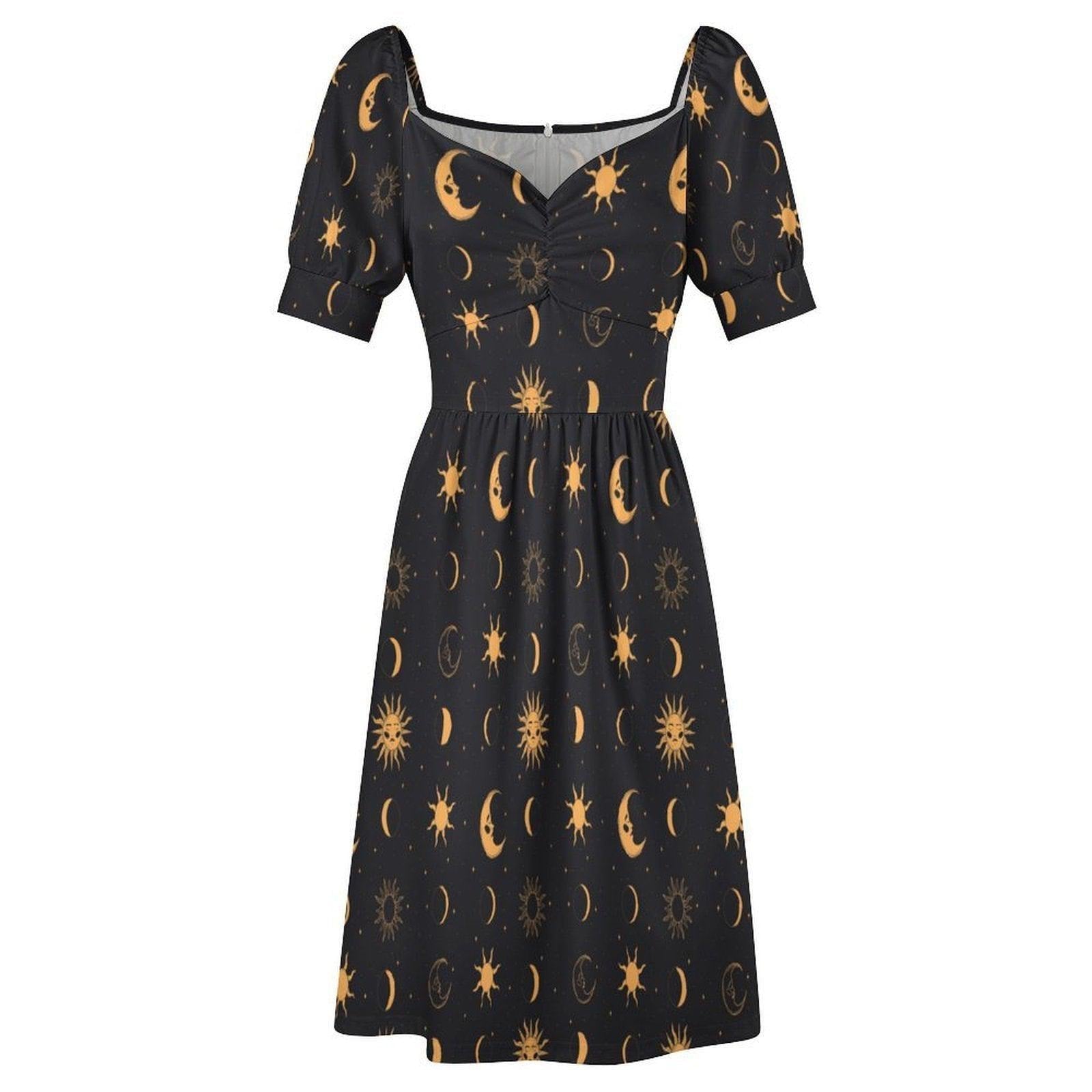 Black Gold Celestial Sun Moon Midi Dress