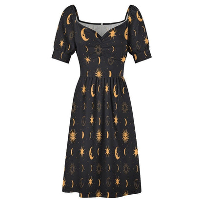 Black Gold Celestial Sun Moon Midi Dress