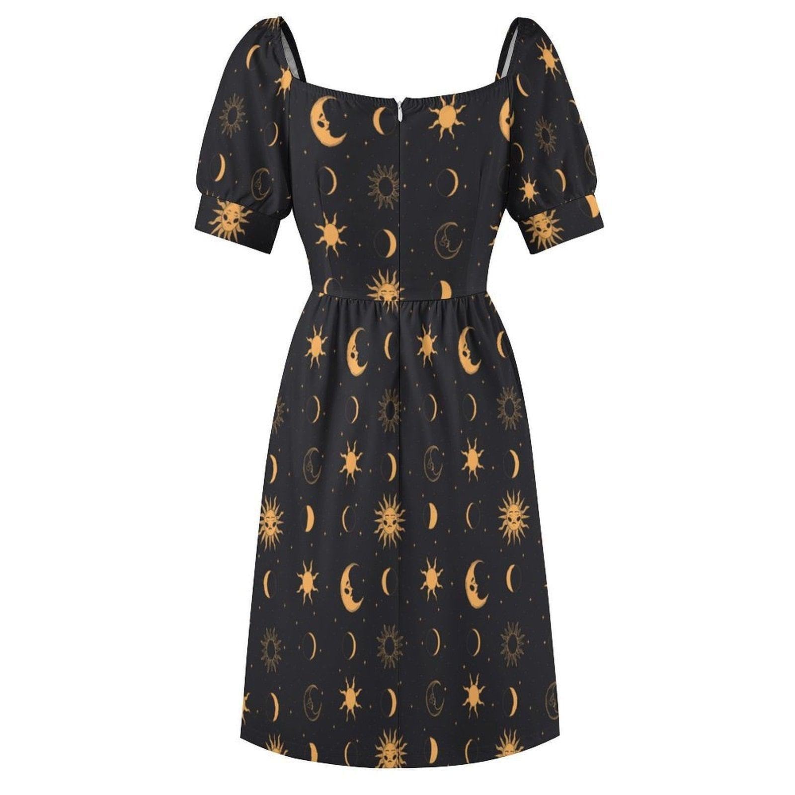 Black Gold Celestial Sun Moon Midi Dress