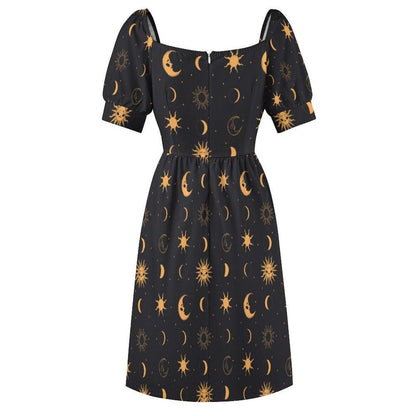 Black Gold Celestial Sun Moon Midi Dress