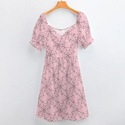 Pink Spiderweb Midi Dress, Pastel Goth Puff Sleeve, Sweetheart Neckline Halloween