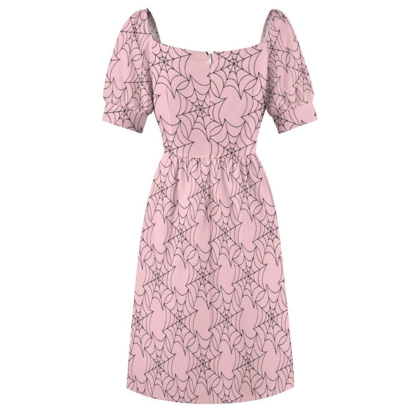 Pink Spiderweb Midi Dress, Pastel Goth Puff Sleeve, Sweetheart Neckline Halloween