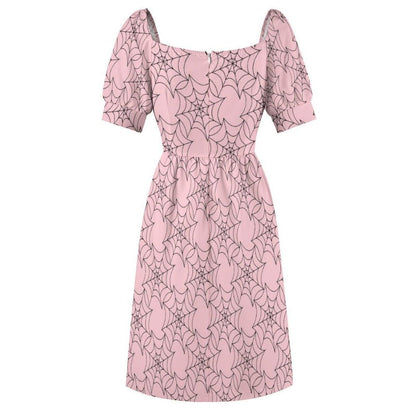 Pink Spiderweb Midi Dress, Pastel Goth Puff Sleeve, Sweetheart Neckline Halloween