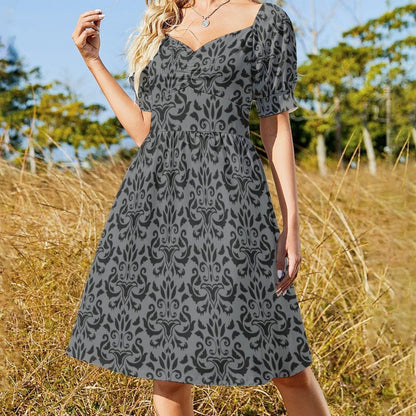 Victorian Damask Dress, Baroque Sweetheart Midi, Gray Goth Occasion Wear