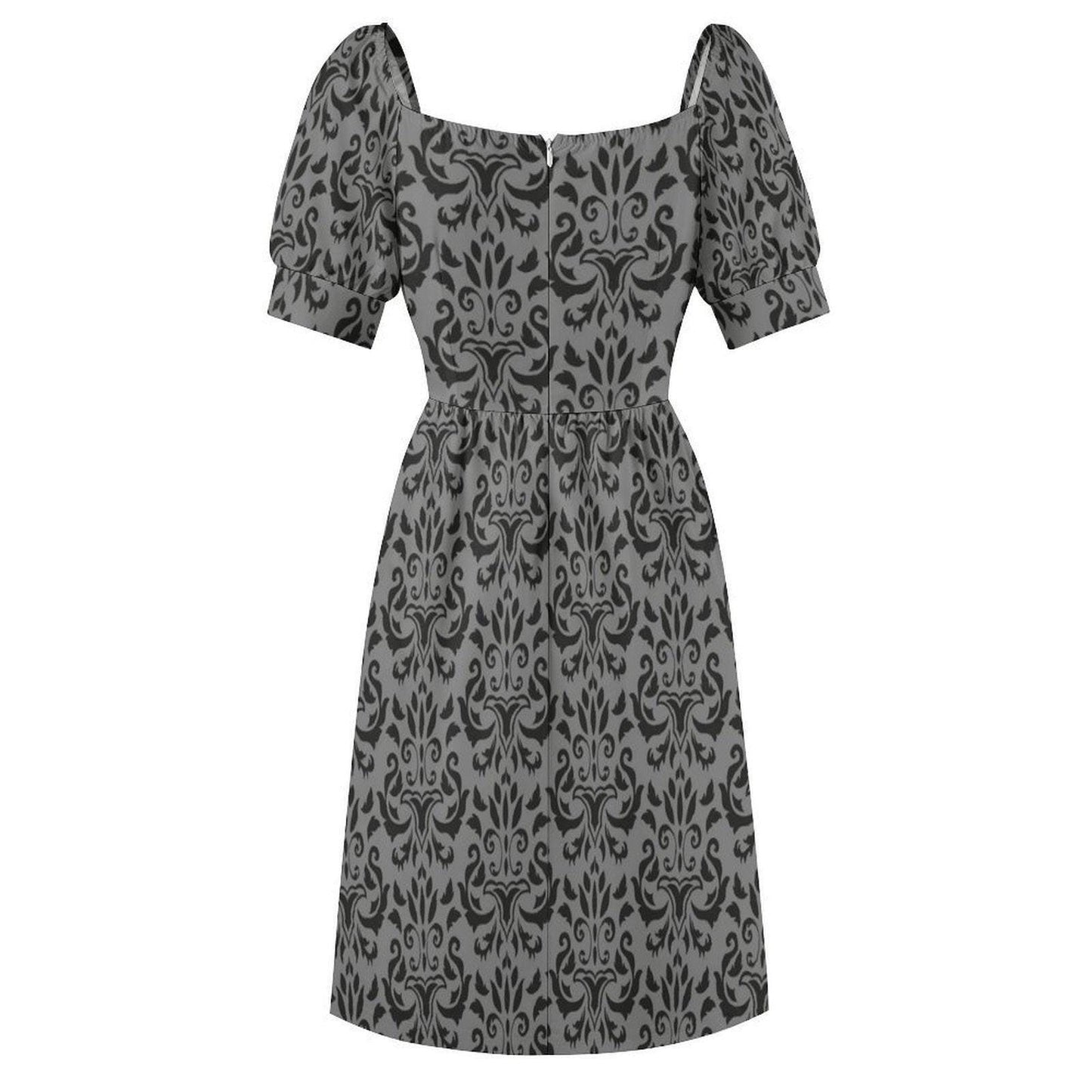 Victorian Damask Dress, Baroque Sweetheart Midi, Gray Goth Occasion Wear