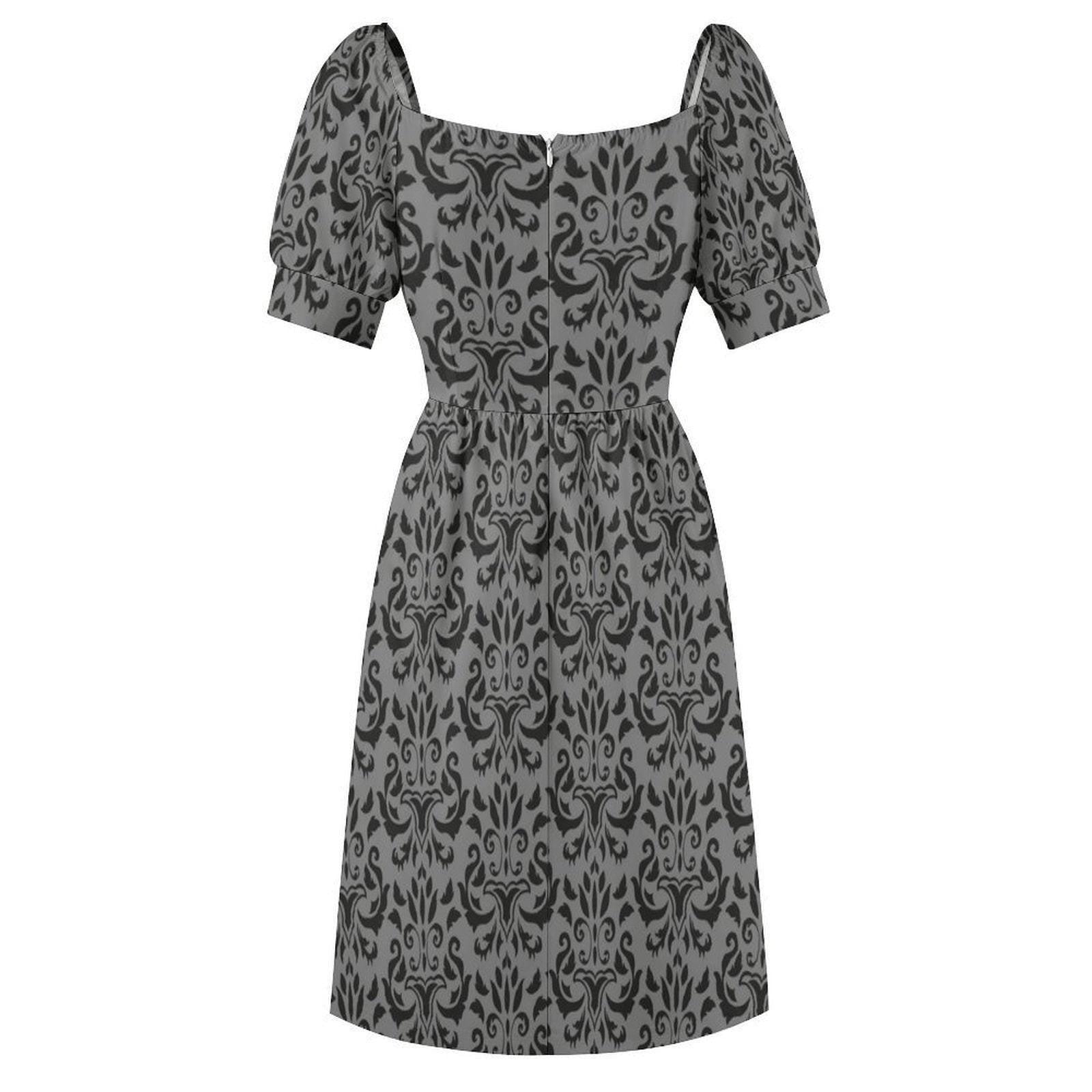 Victorian Damask Dress, Baroque Sweetheart Midi, Gray Goth Occasion Wear