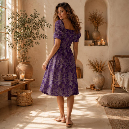 Purple Baroque Damask Fit and Flare Midi Dress