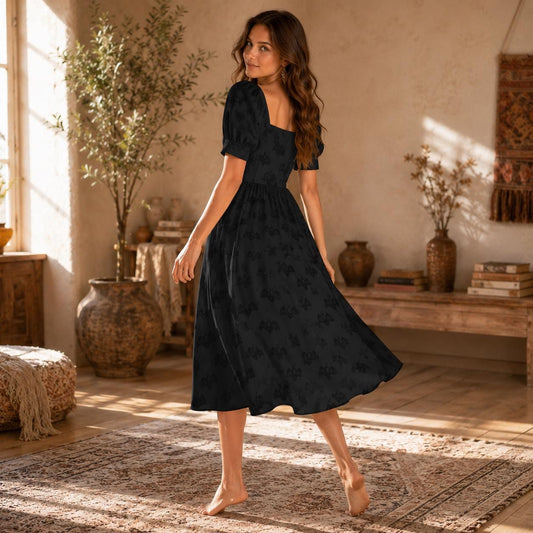 Black Bat Print Dress, Gothic Skater Midi, Halloween Party Outfit, Witchy Cottage Summer Dress