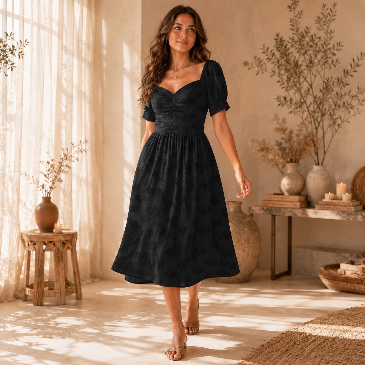 Black Bat Print Dress, Gothic Skater Midi, Halloween Party Outfit, Witchy Cottage Summer Dress