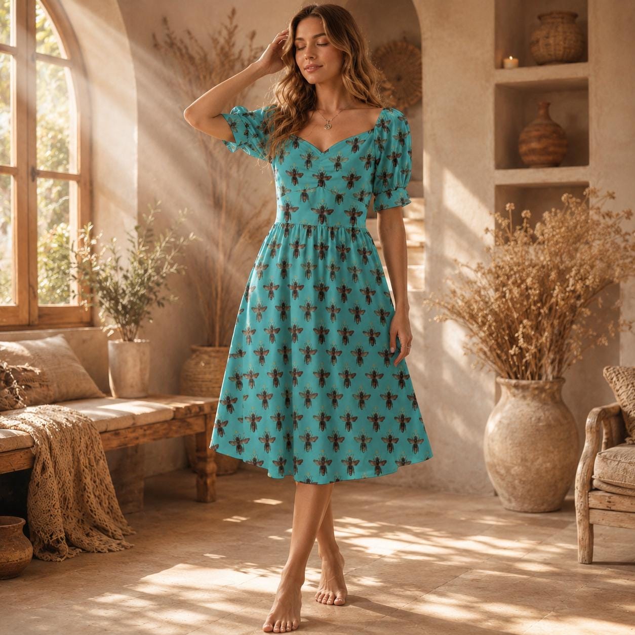 Aqua Honey Bee Print Midi Dress