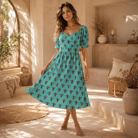 Aqua Honey Bee Print Midi Dress