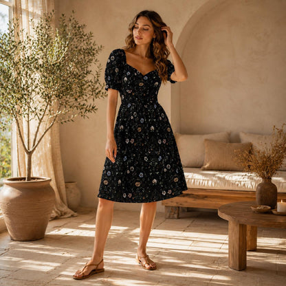 Black Floral Sweetheart Midi Dress