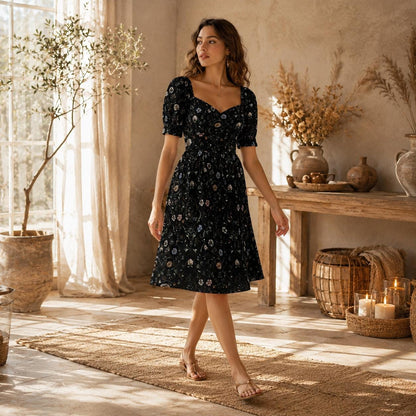 Black Floral Sweetheart Midi Dress