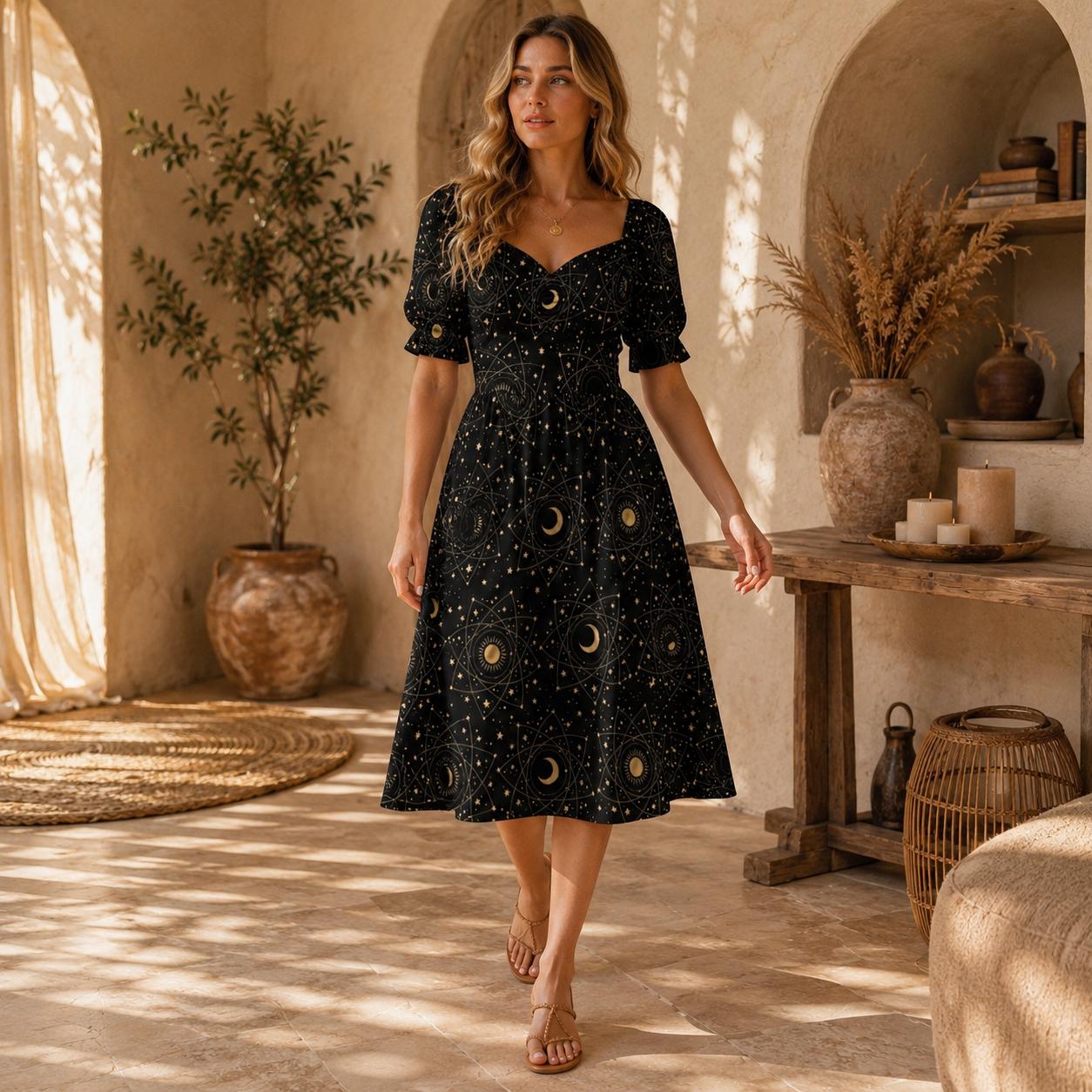 Celestial Moon Print Puff Sleeve Black Sundress
