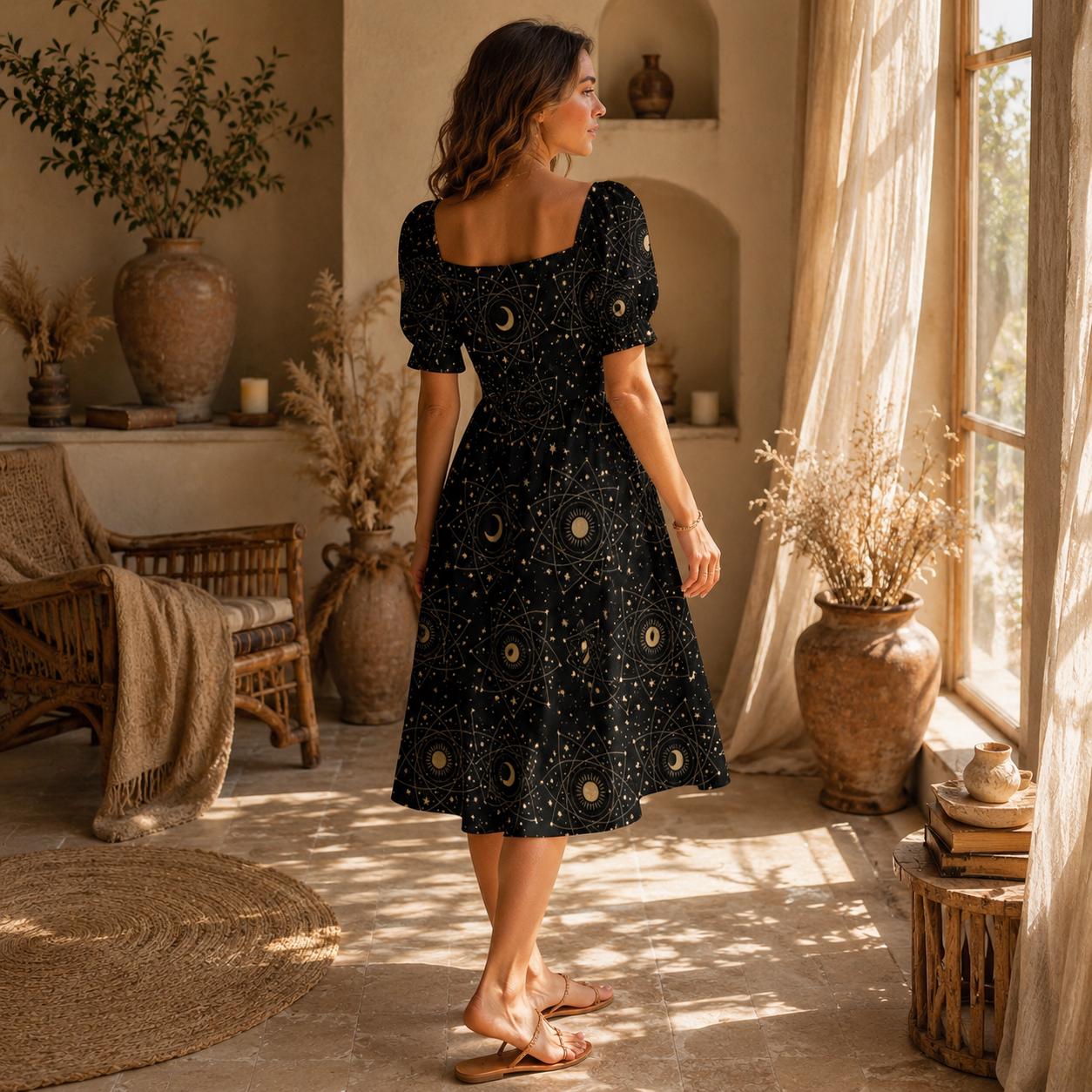Celestial Moon Print Puff Sleeve Black Sundress