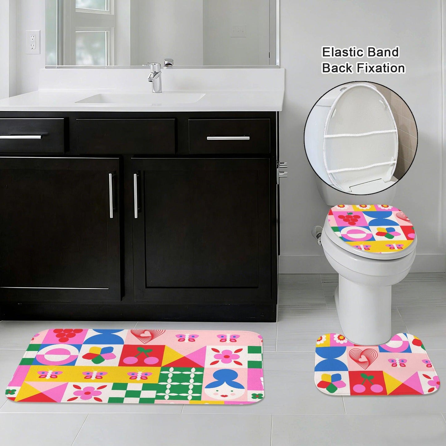 Retro Tile Shower Curtain, Colorful Mod Cherry Daisy Bath Decor