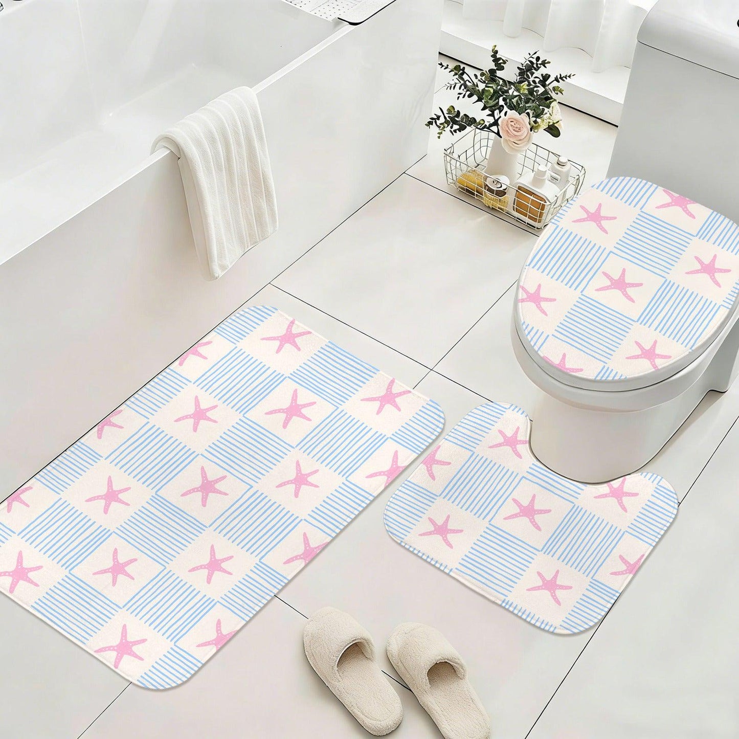 Pink Starfish Stripe Shower Curtain, Coastal Beach Bathroom Decor
