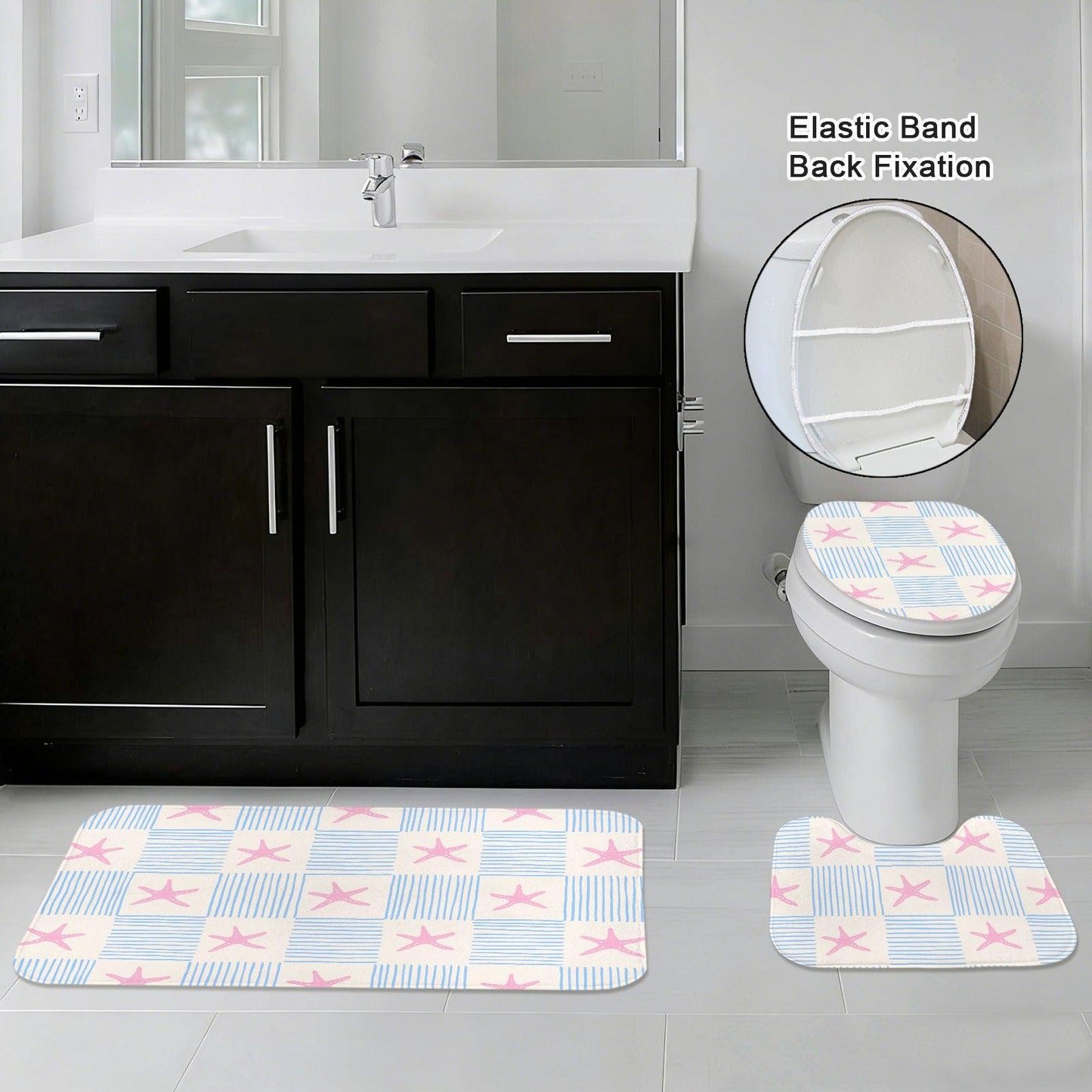 Pink Starfish Stripe Shower Curtain, Coastal Beach Bathroom Decor