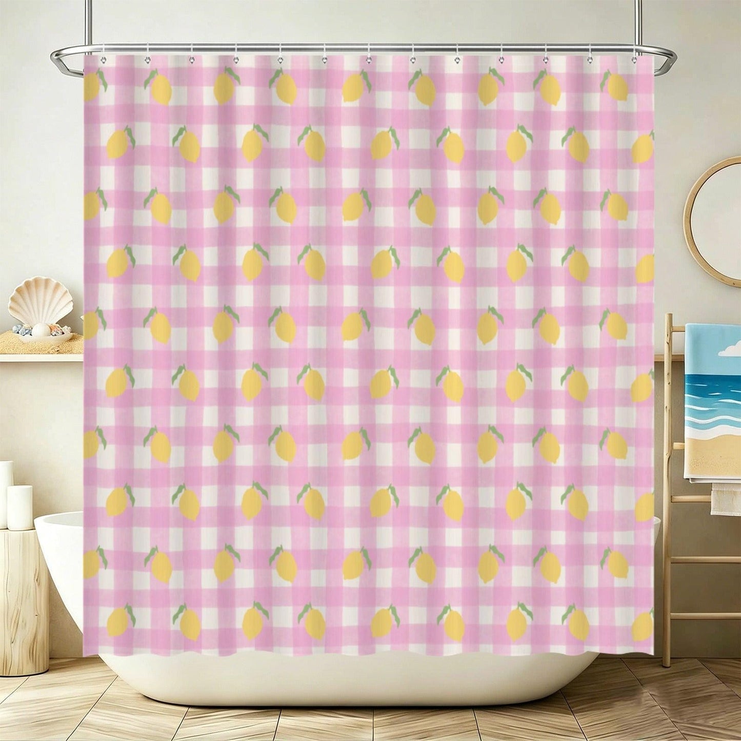 Pink Lemon Gingham Bathroom Rug Set, Summer Citrus Bath Mat Trio