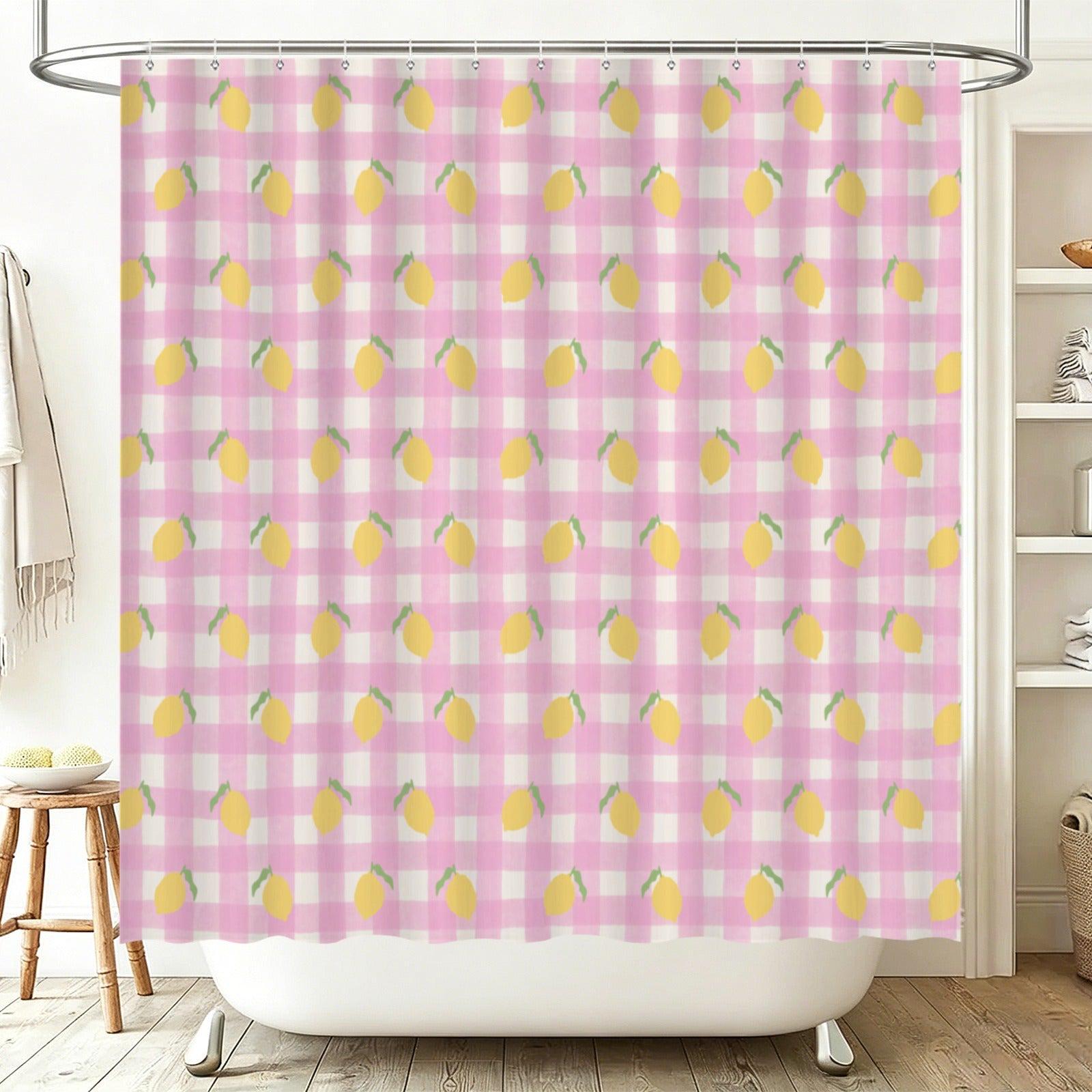 Pink Lemon Gingham Bathroom Rug Set, Summer Citrus Bath Mat Trio