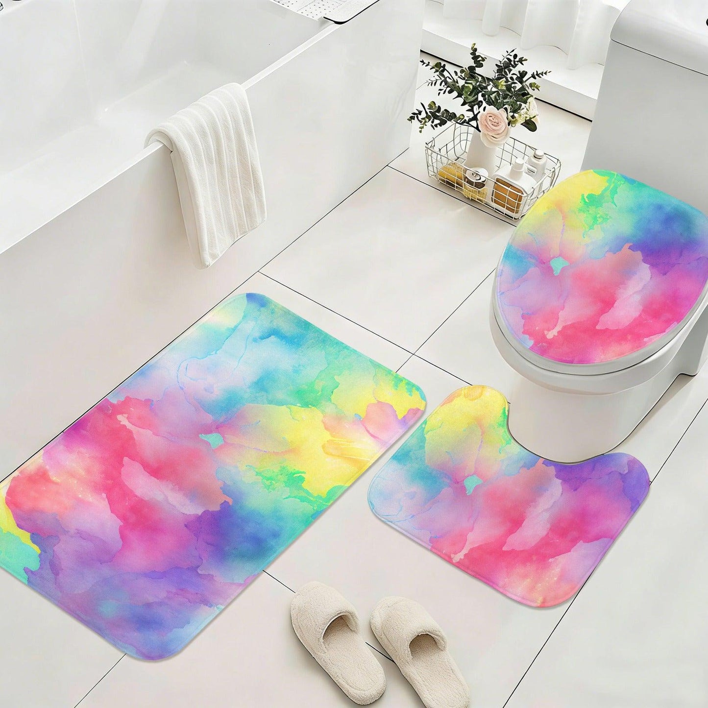 Abstract Watercolor Shower Curtain, Pastel Rainbow Boho Bathroom Decor