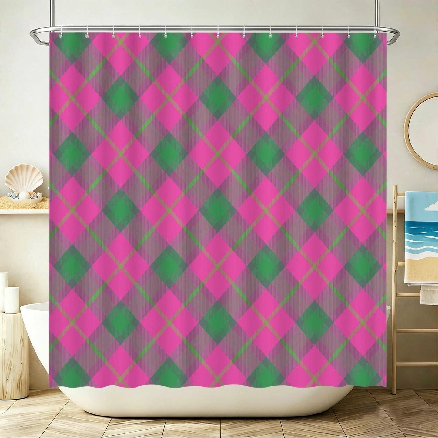 Pink Green Plaid Bath Mat Set, Argyle Bathroom Decor, Checkered Toilet Rug Trio