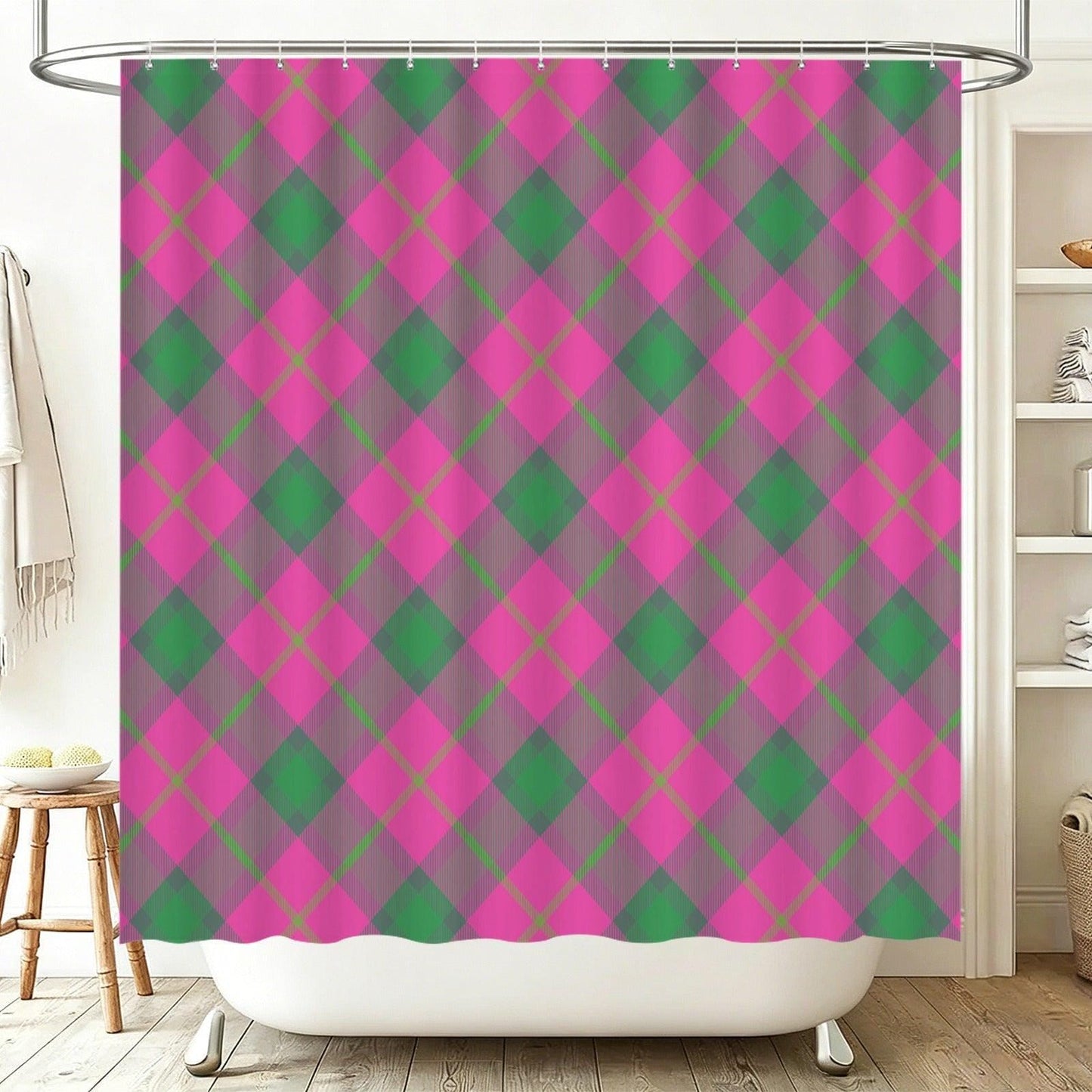 Pink Green Plaid Bath Mat Set, Argyle Bathroom Decor, Checkered Toilet Rug Trio