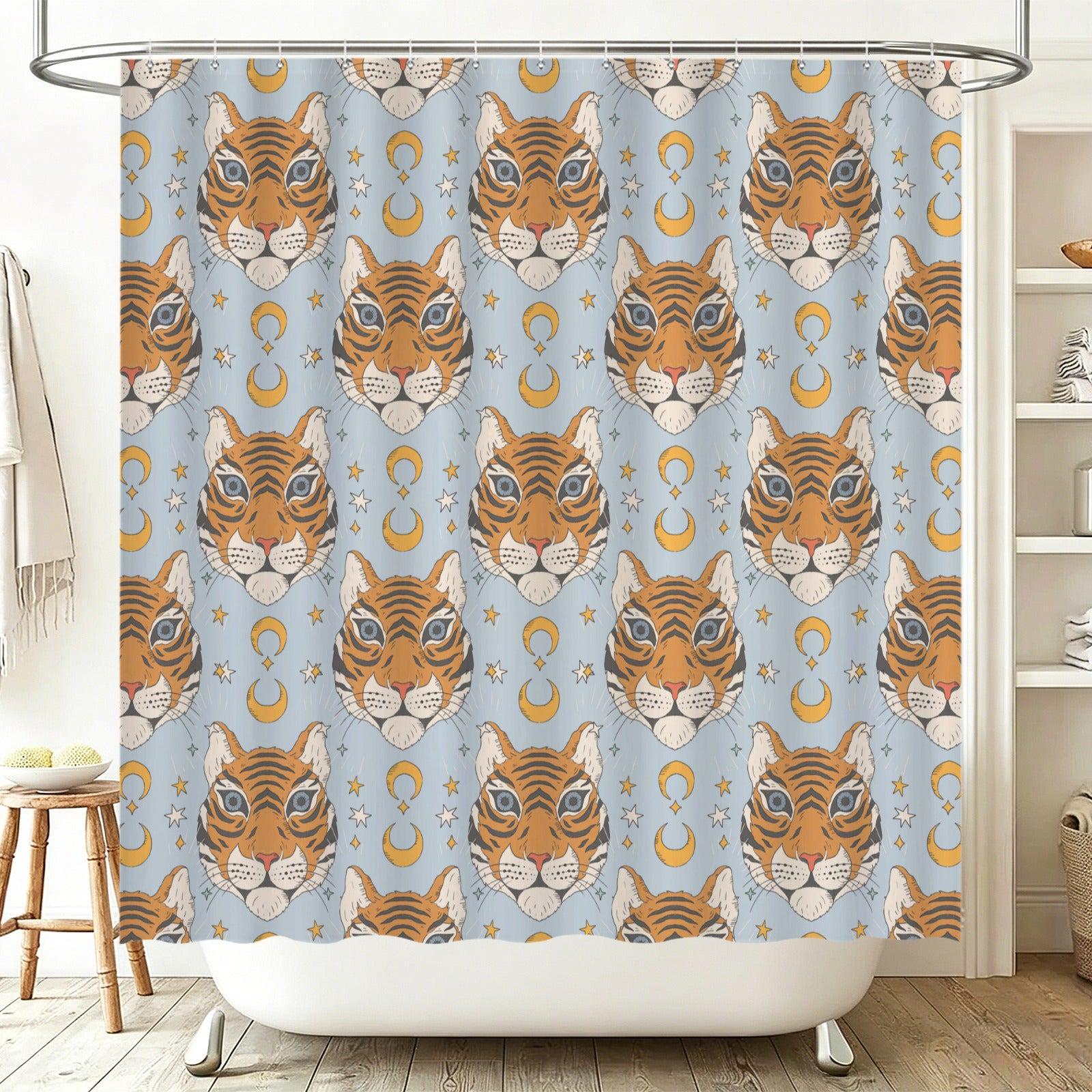 Boho Tiger Celestial Bath Rug Set, Moon Stars Bathroom Decor, Whimsical Tiger Mat