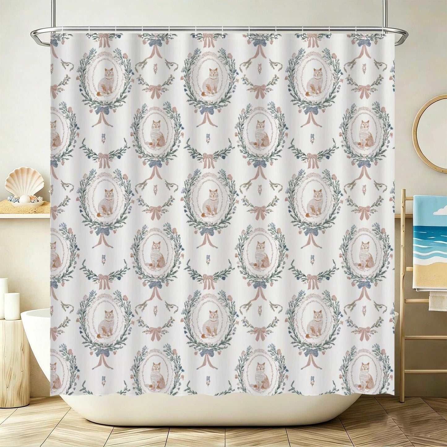 Cat Lover Bathroom Rug Set, Vintage Toile Floral Toilet Mat, Cottage Kitten Decor