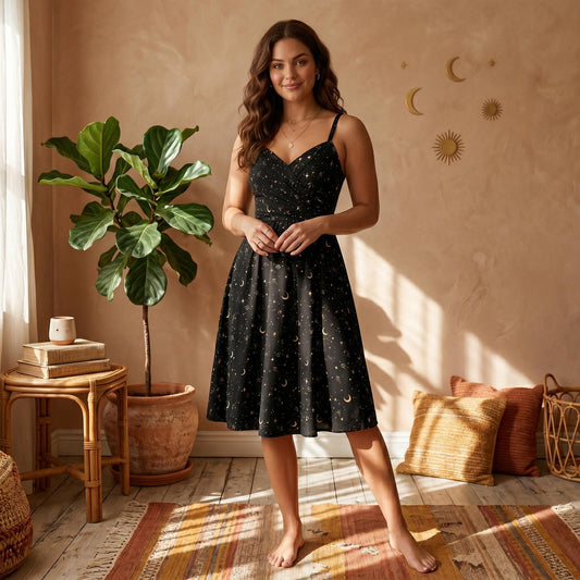 Zodiac Print Midi Sundress, Celestial Moon Stars Fit Flare Outfit