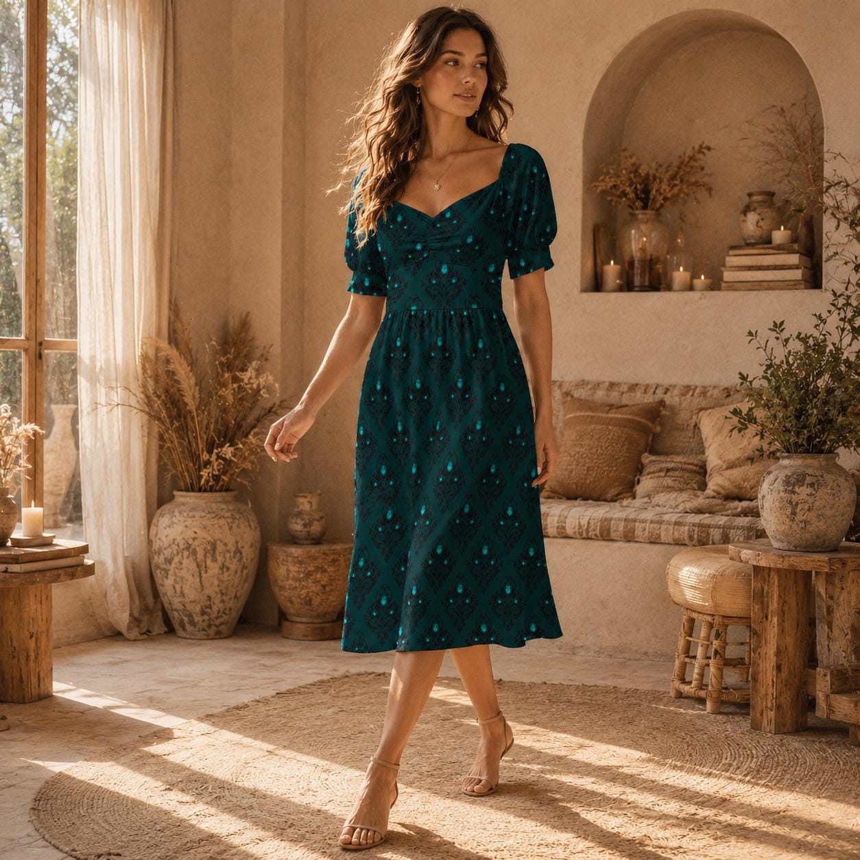 Teal Victorian Wallpaper Midi Dress