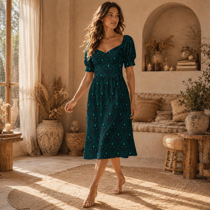 Teal Victorian Wallpaper Midi Dress