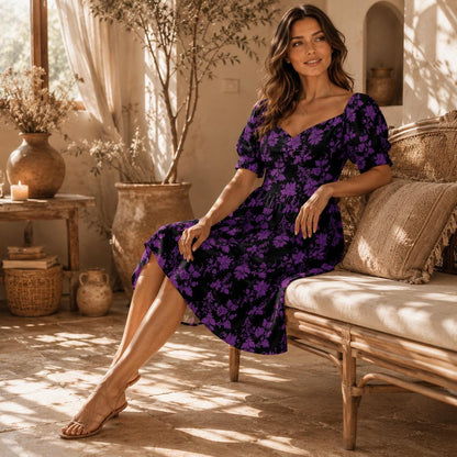 Black Purple Damask Skater Dress