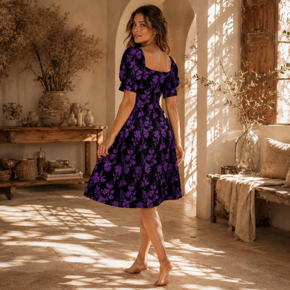 Black Purple Damask Skater Dress