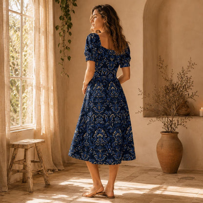 Navy Damask Midi Dress