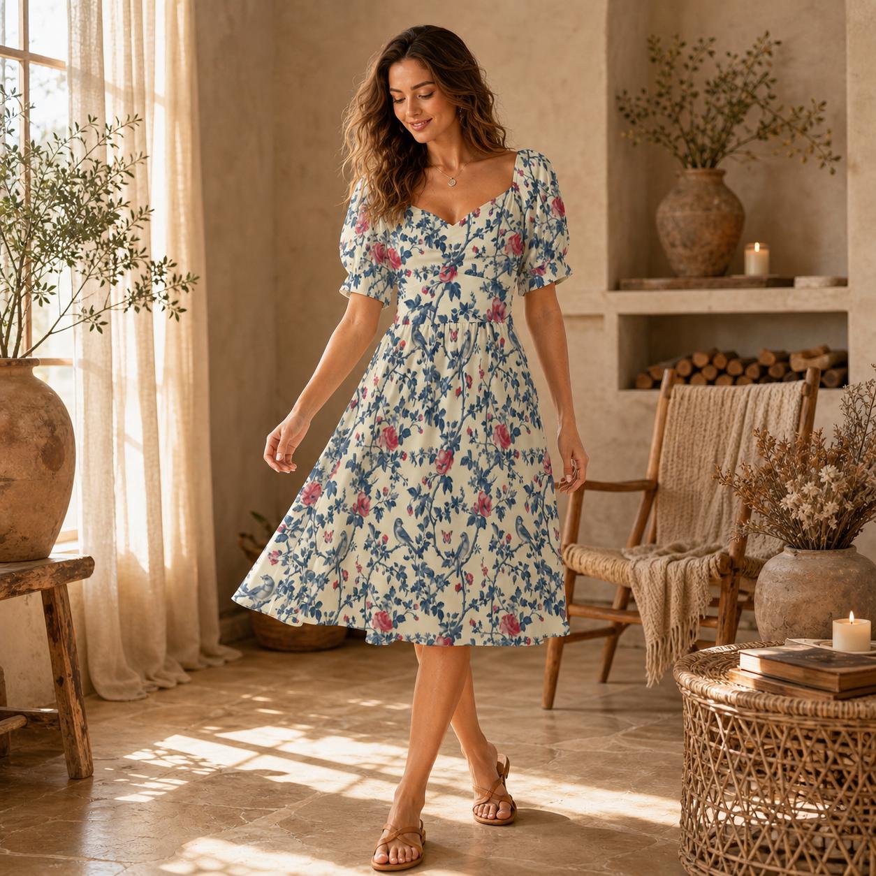 Cream Wildflower Vine Midi Dress