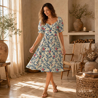 Cream Wildflower Vine Midi Dress