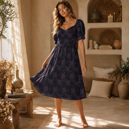 Gothic Rose Midi Dress, Dark Floral Sweetheart Dress, Puff Sleeve Cottagecore Outfit