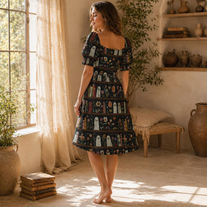 Haunted Bookshelf Midi Dress, Ghost Floral Book Lover, Spooky Library Sweetheart Style